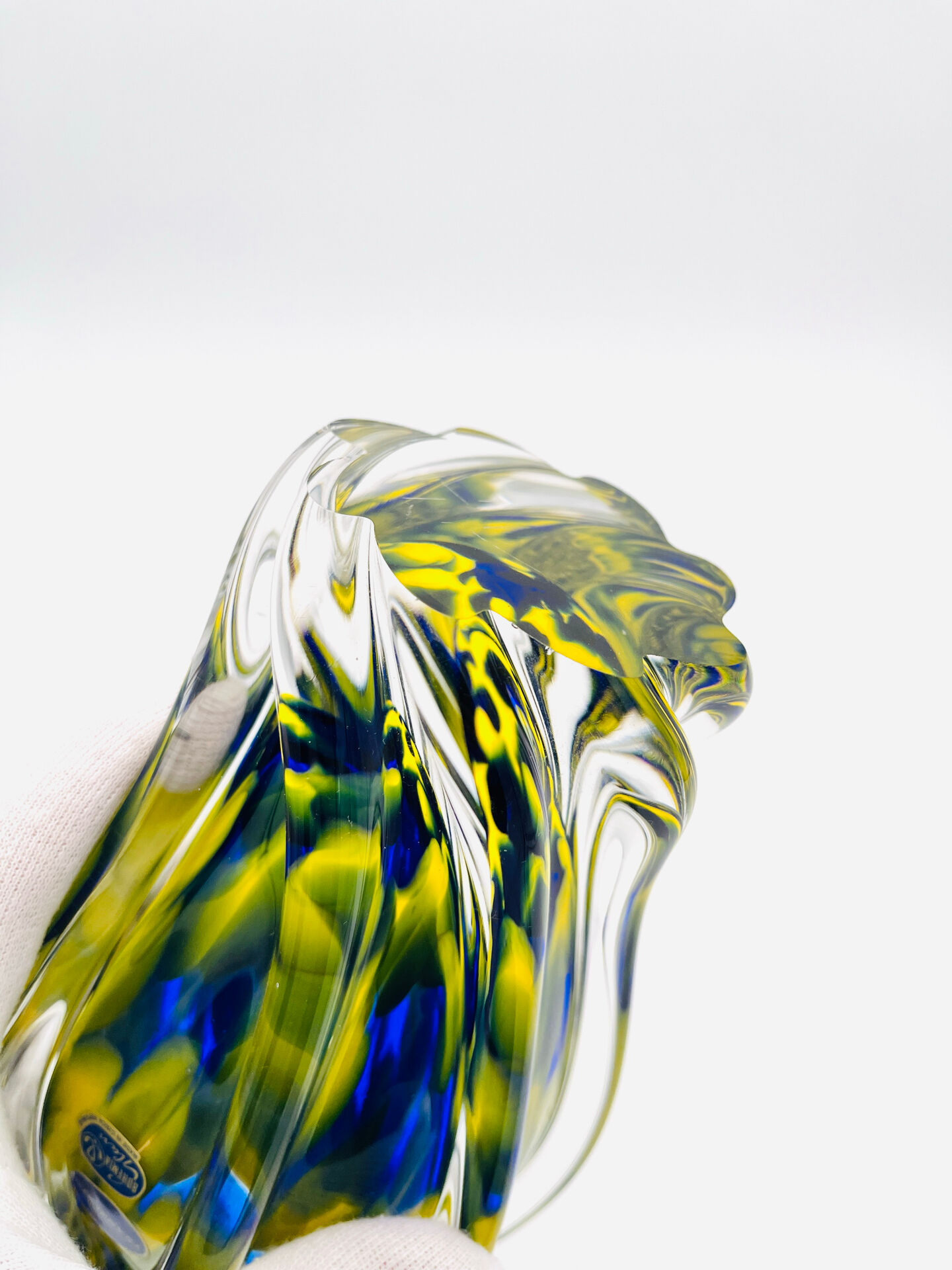 Vase Josef Hospodka Chřibská Macchia Blue Yellow Bohemian Glass 60s