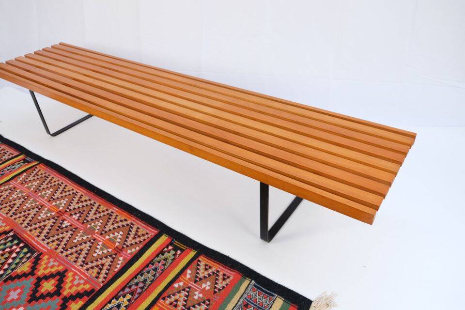 Bench in 60s-70s style, slatted bench, low seat, retro vintage style from the 60s-70s.