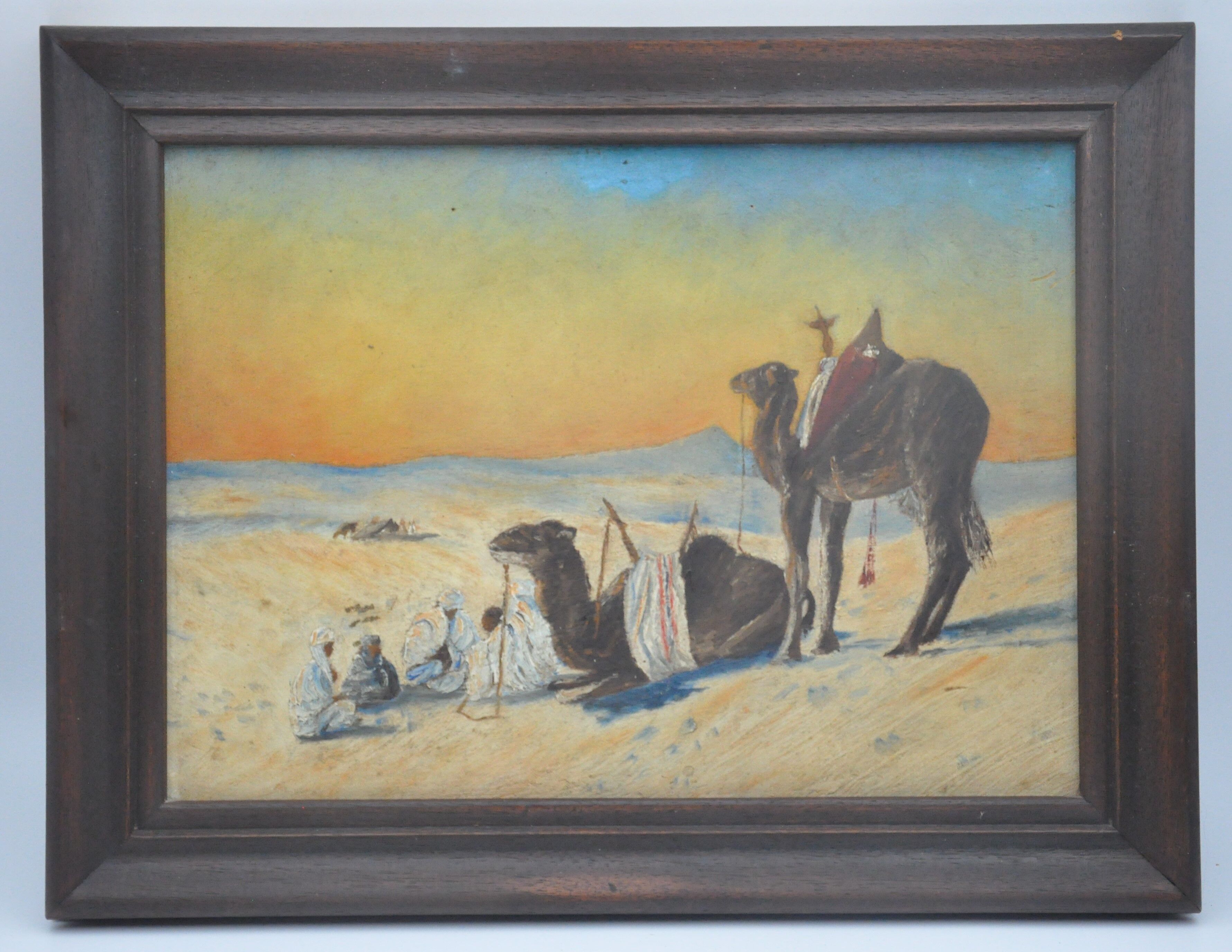 Ancient painting oil s wood, orientalist Bedouin camel desert unsigned