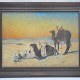 Ancienne peinture huile s bois, orientaliste bédouin dromadaire désert non signé