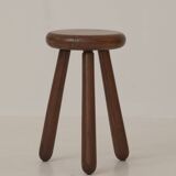 Vintage French tripod brutalist stool in solid wood (oak) C. 1960