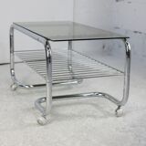 "Space age" coffee table, tubular steel, smoked glass, France, 1970s