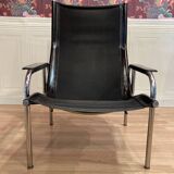 Pair of black leather reclining relaxation armchairs, "Hans Eichenberger" design, 19