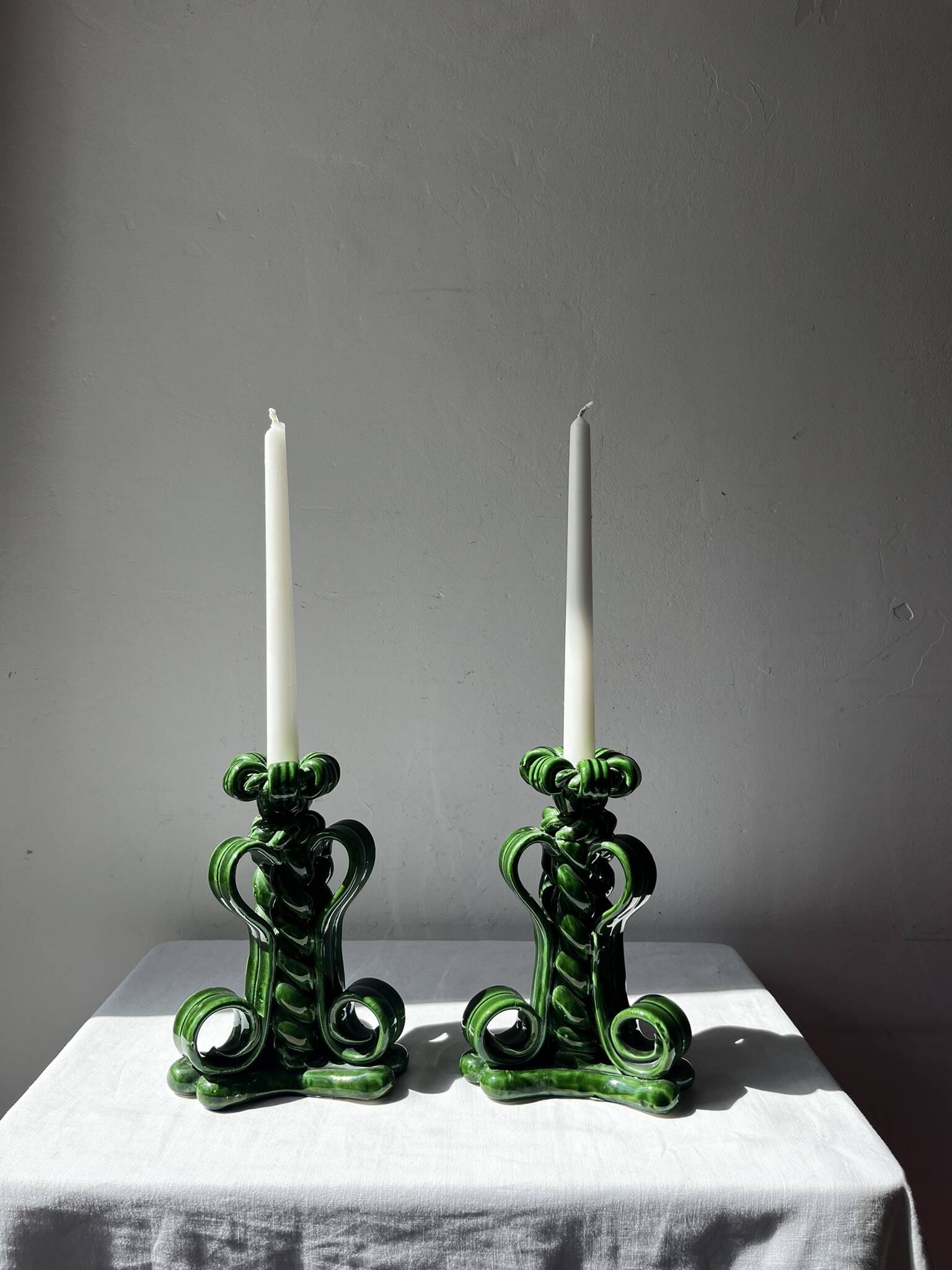 Lot of woven ceramic candle holders in green Vallauris.