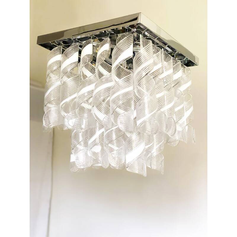 Contemporary Trasparent and White "Ricci-Curles" Murano Glass in Mazzega Style Squared Flush Mount