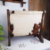 Vintage magazine rack wood and natural leather 37x39.5x26 cm 1.76 kg