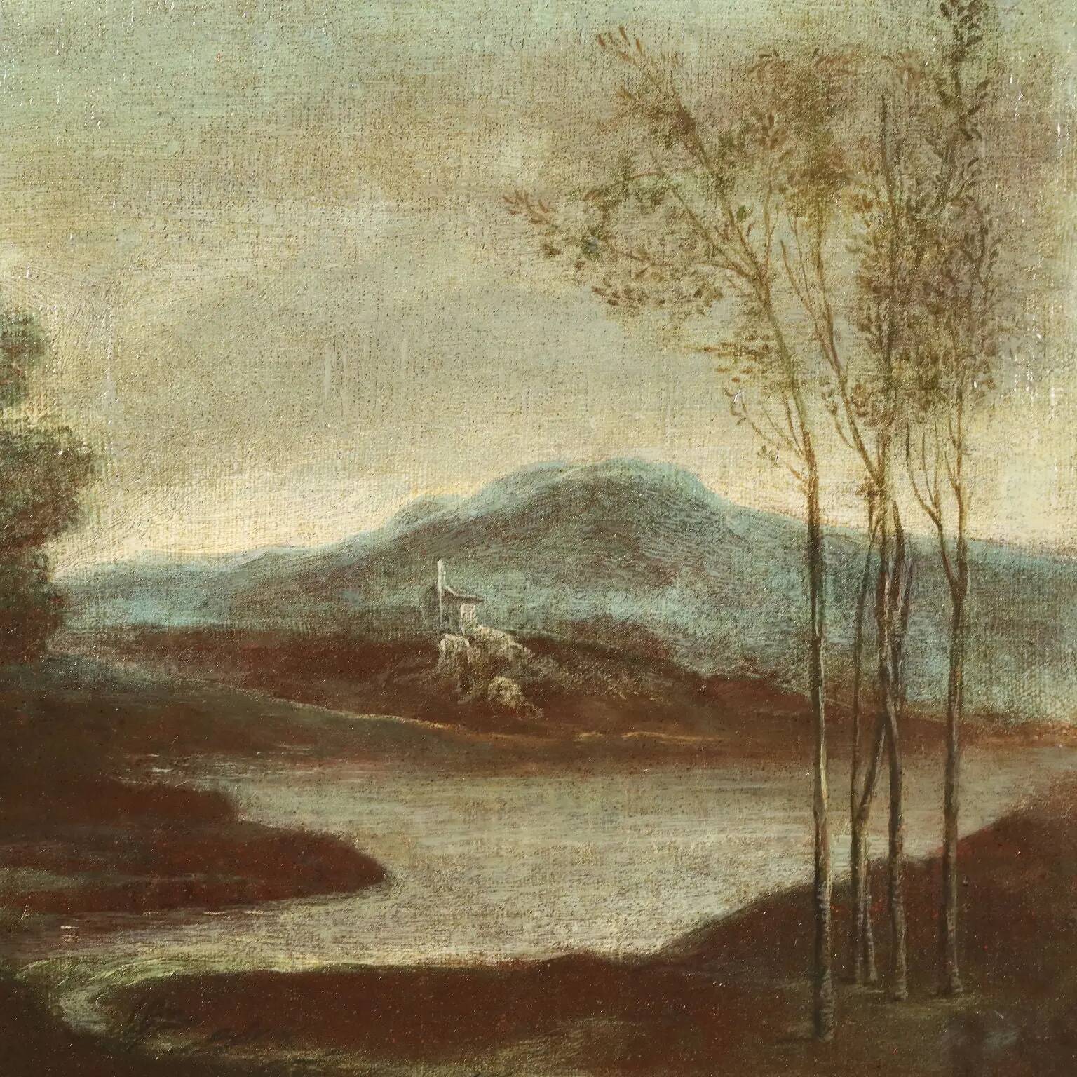 Ancient painting from the 1700s, landscape with figures, oil on canvas, styled frame.