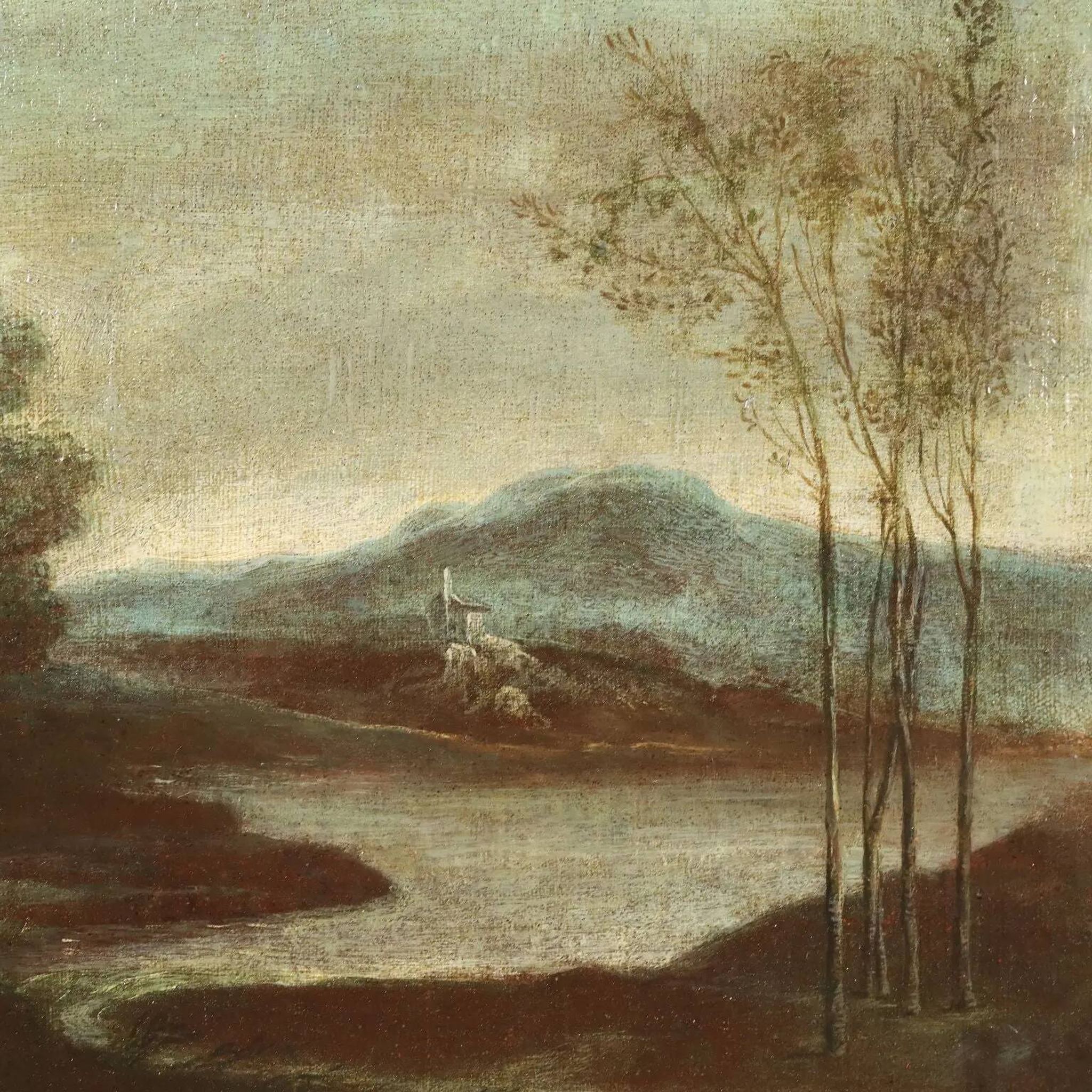 Ancient painting from the 1700s, landscape with figures, oil on canvas, styled frame.