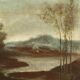 Ancient painting from the 1700s, landscape with figures, oil on canvas, styled frame.
