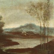 Ancient painting from the 1700s, landscape with figures, oil on canvas, styled frame.