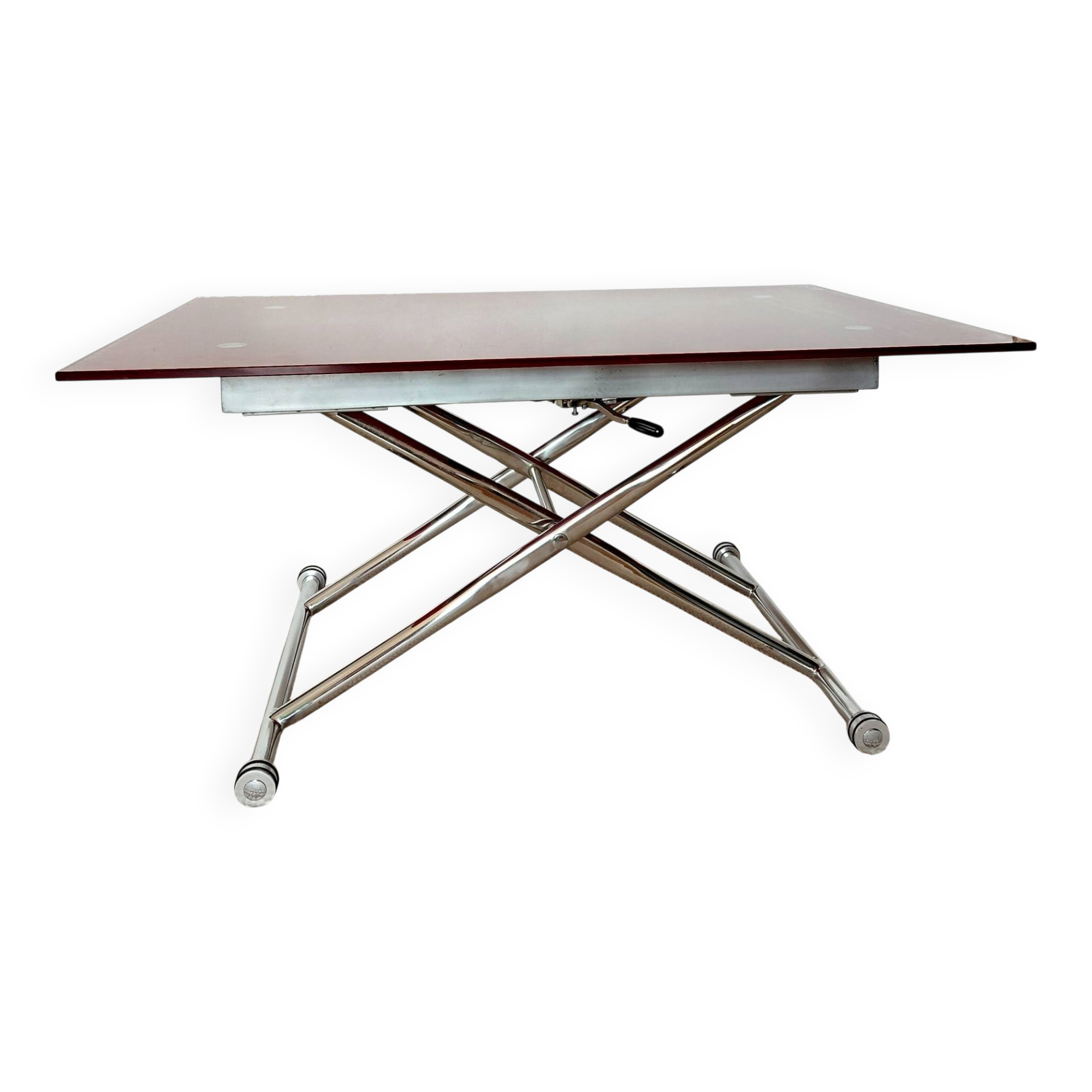 Table relevable vintage verre rouge et chrome-design 1970/1980