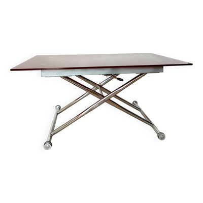 Table relevable vintage verre rouge et chrome-design 1970/1980