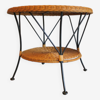 Mid century rattan and black iron 2-level coffee table or wine table, 1960s