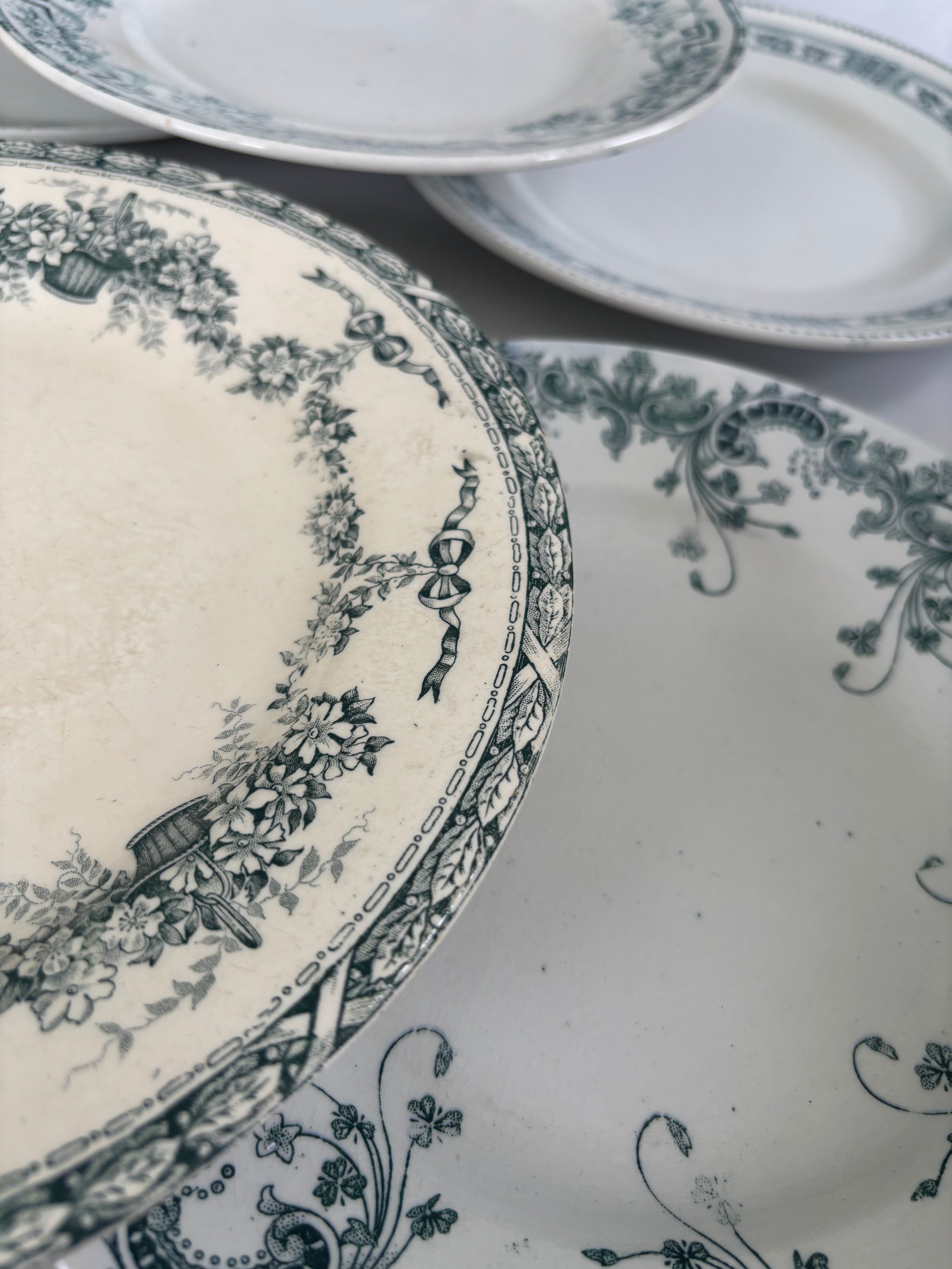 Lot of 6 blue-green ironstone plates, antique French earthenware.