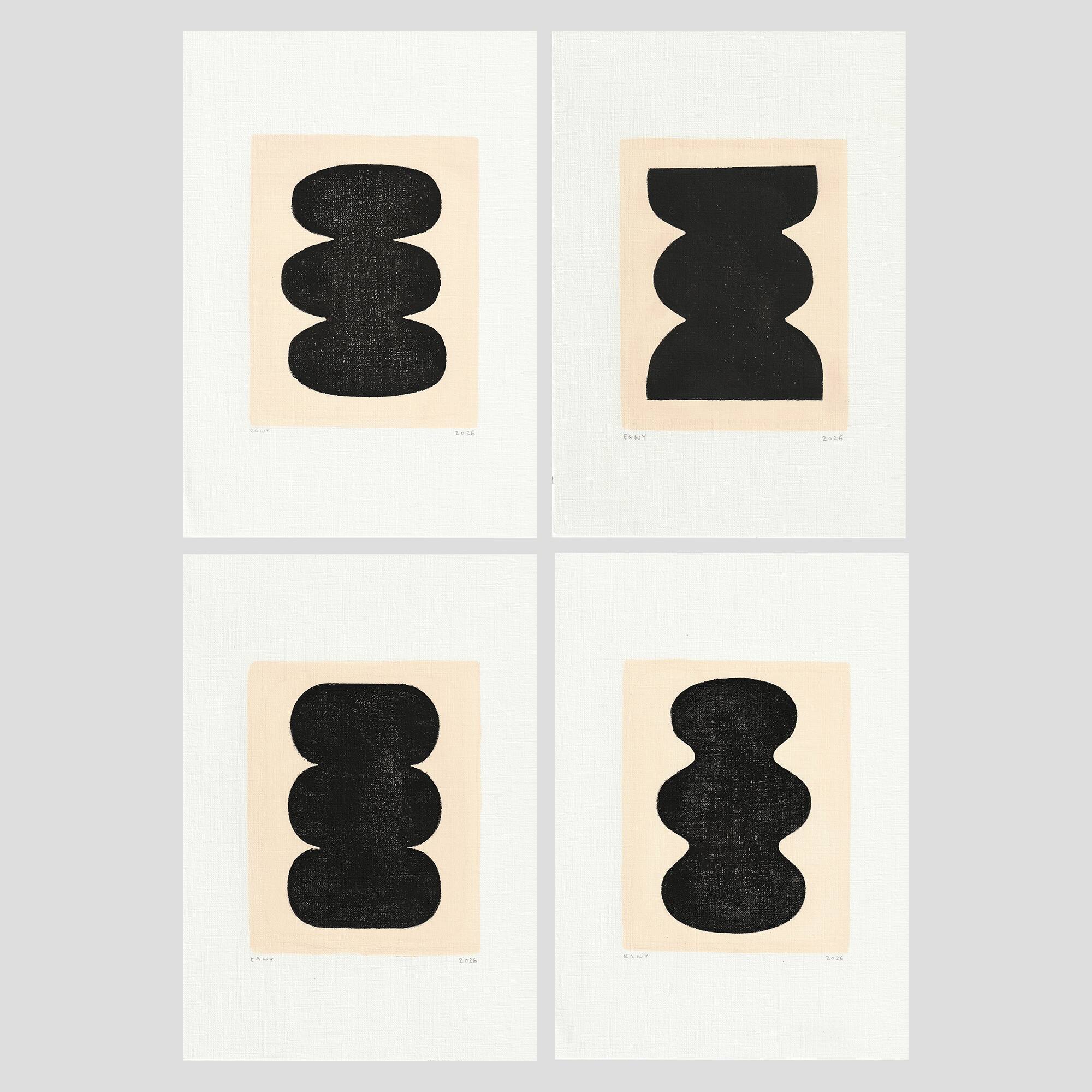 Collection of 4 black paintings on paper signed eawy.