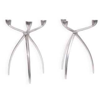 Paire de bougeoirs araignée à 3 bras en aluminium de bijenkorf années 1970