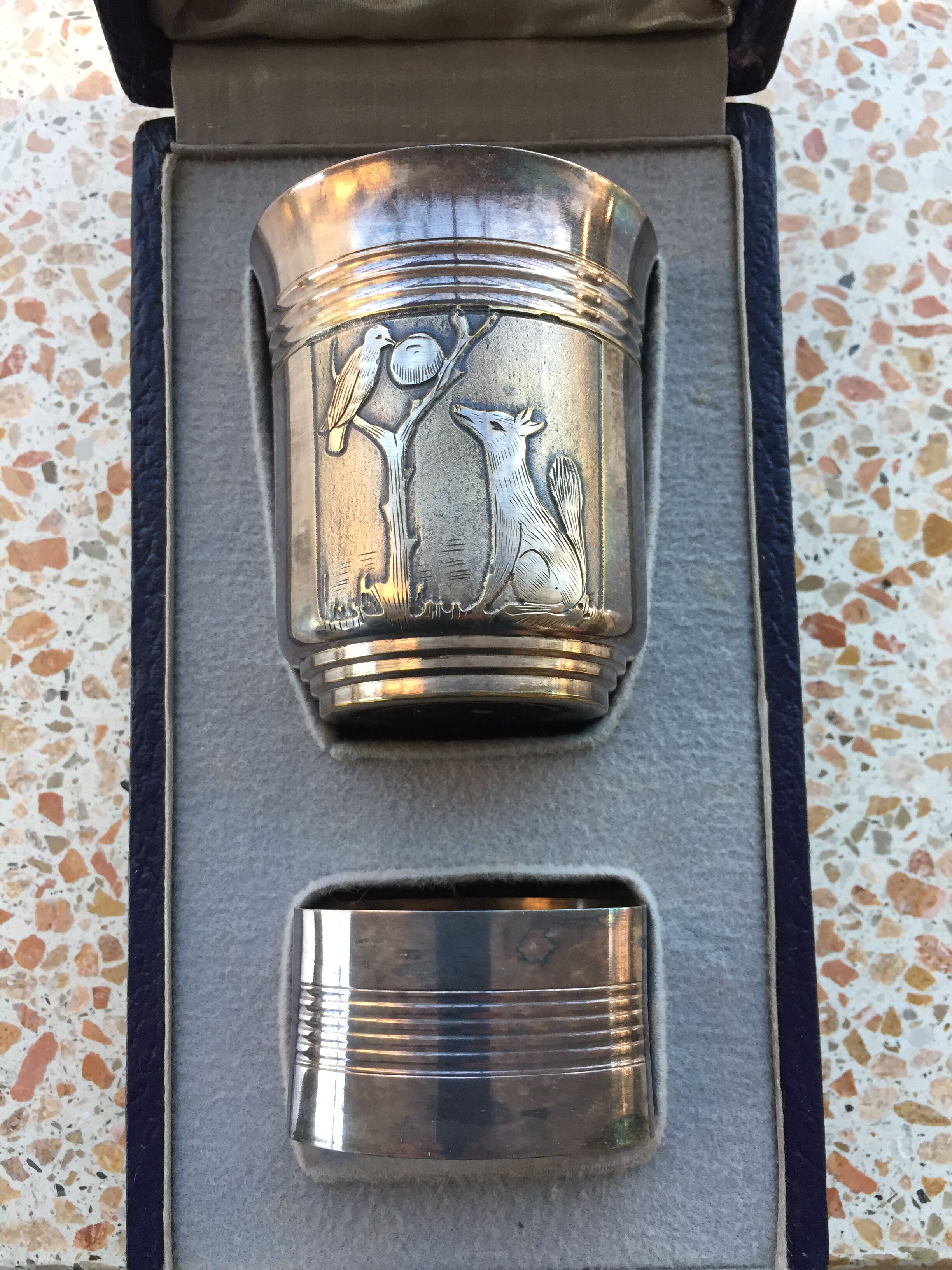 Timpani box and silver metal towel round