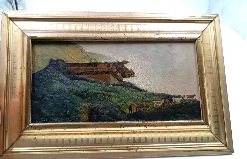 Old oil painting on cardboard mountain landscape late 19th century