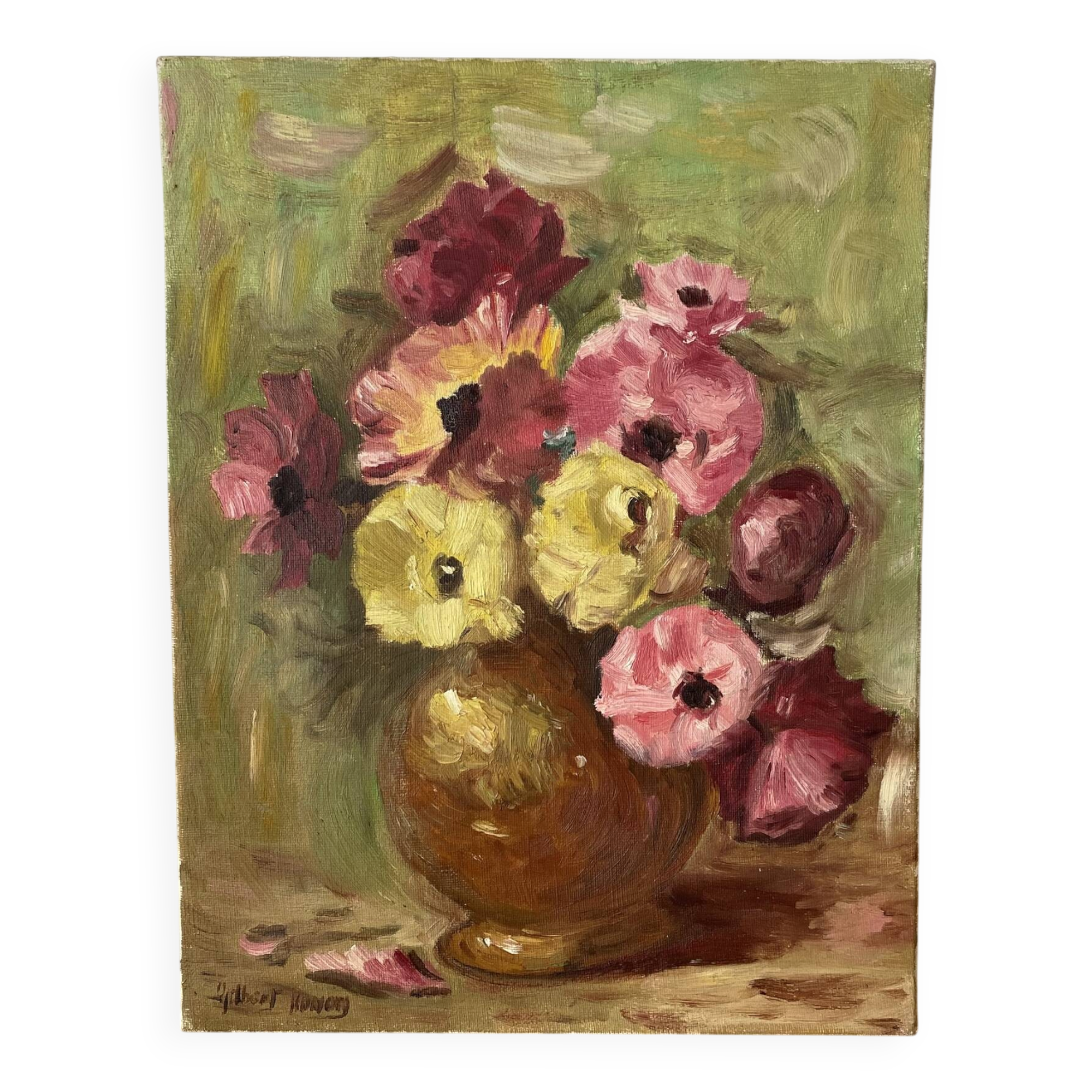 Painting bouquet, oil on canvas on frame flowers 35X27.