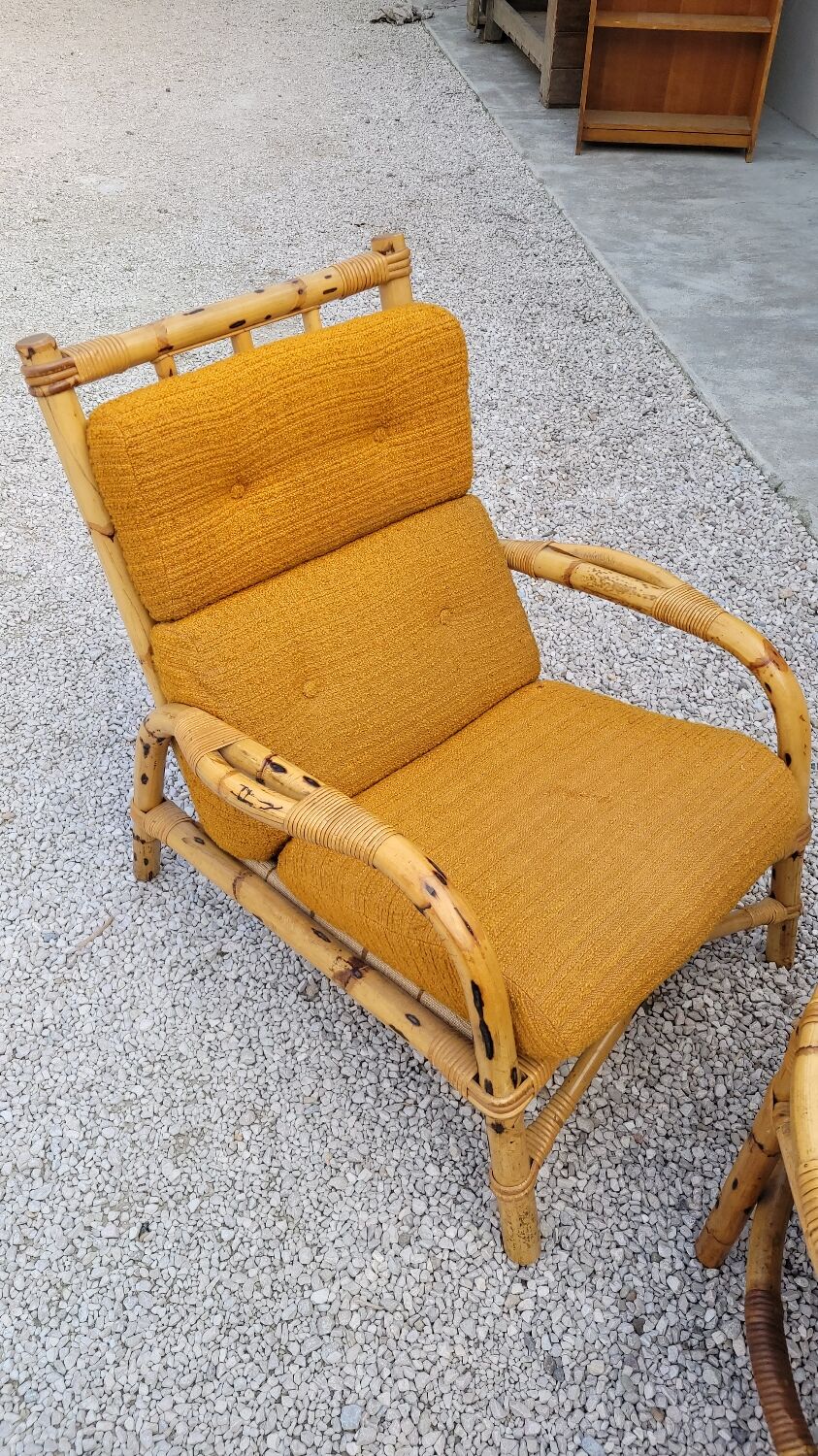 Salon canapé, 2 fauteuils et table basse en rotin vintage fabrication 1950