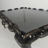 Table basse vintage brutaliste en fer noir à mailles de chaîne avec verre fumé d'origine, années 70