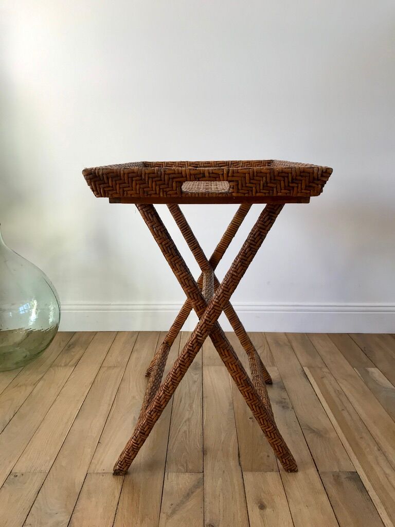 Rattan console exotic wood vintage removable tray 70s