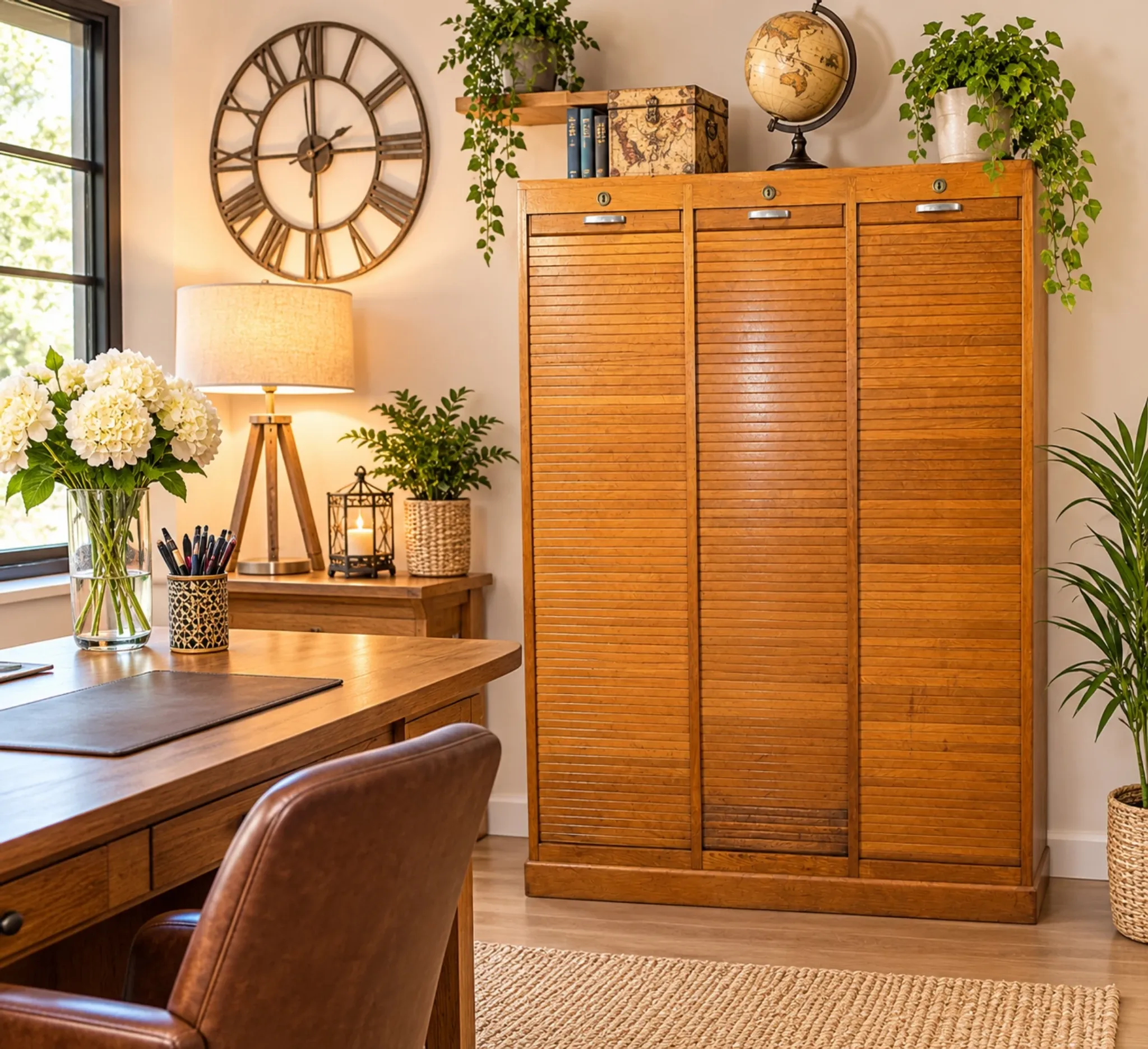 Vintage oak three-panel curtain cabinet