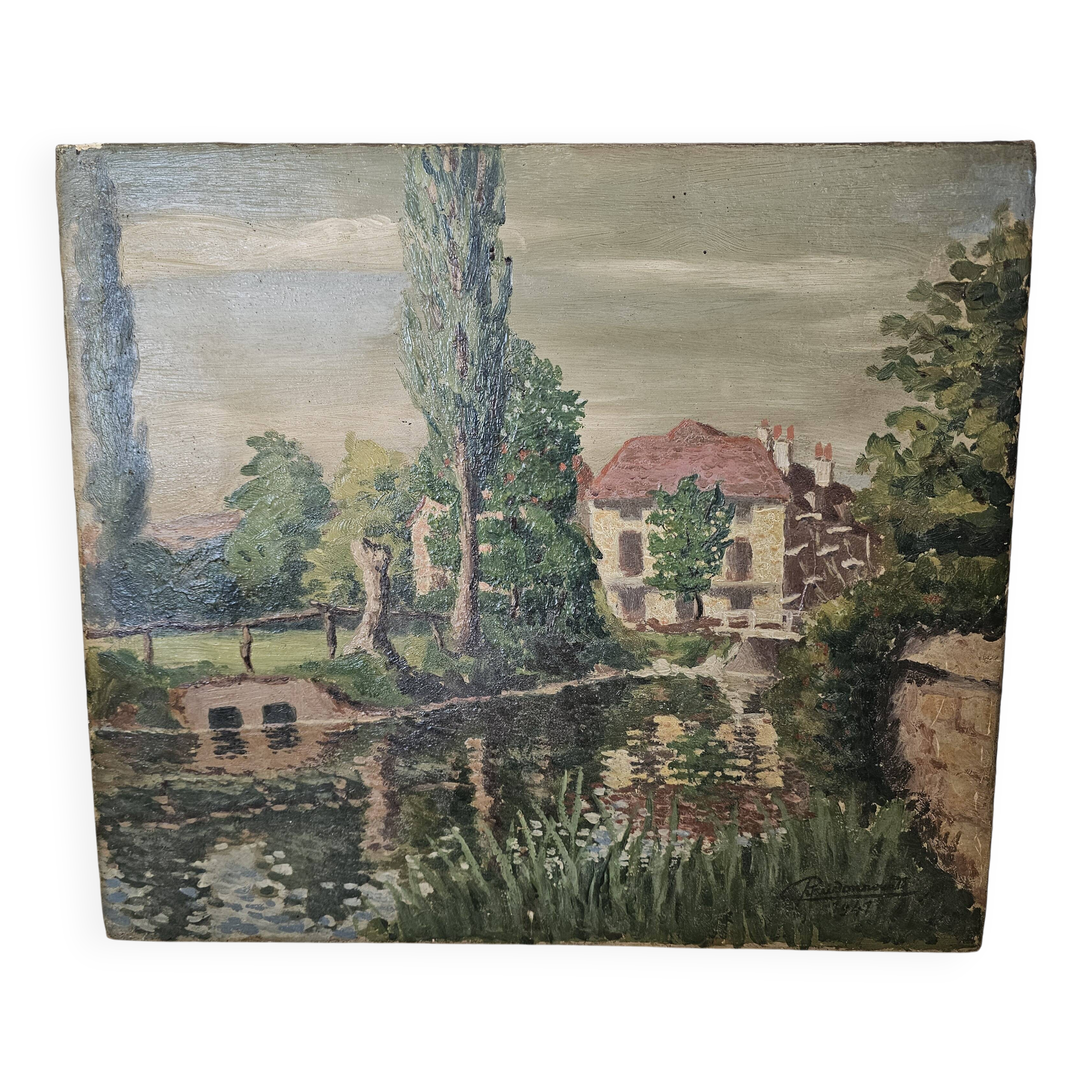 Oil on canvas painting View of the Mill signed Paudonneret? 1941