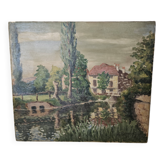 Oil on canvas painting View of the Mill signed Paudonneret? 1941