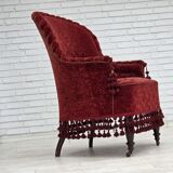 1950s, Danish highback armchair, furniture velour, beech wood legs.