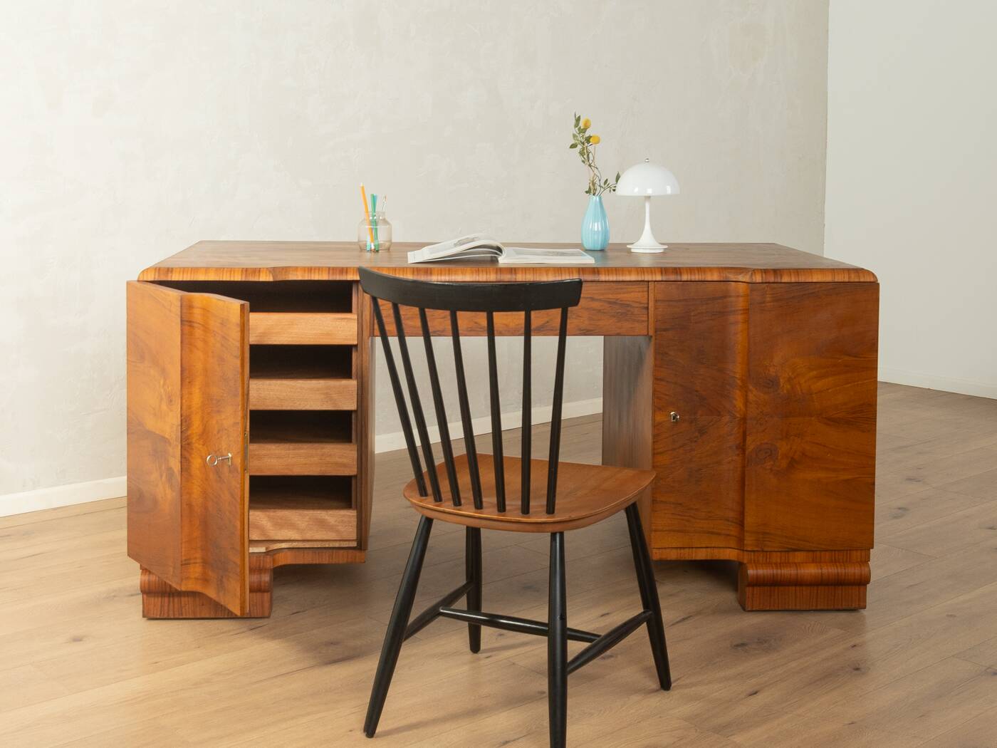 Double pedestal desk, Art Deco, 1930s, walnut veneer