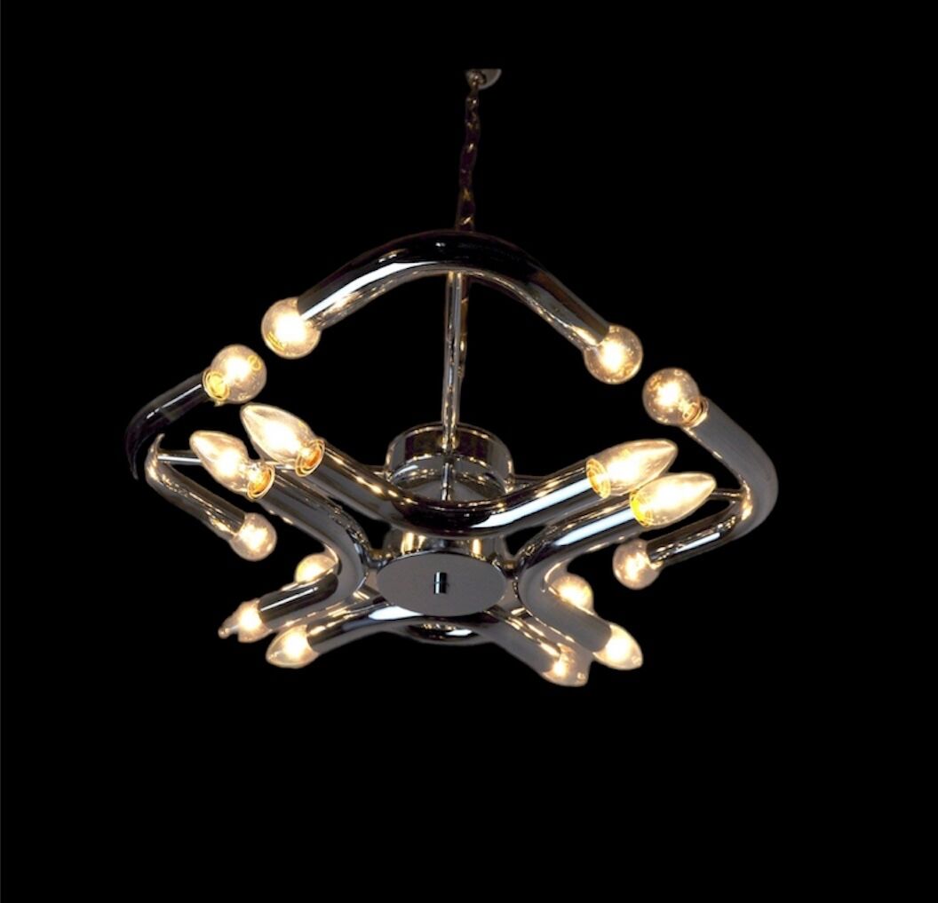 Reggiani chrome multiple light chandelier, Italy 1970