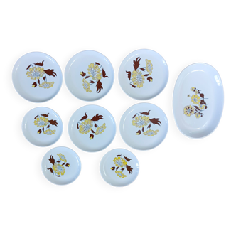 Set of 8 flat plates and 1 dish, from the Sovirel France manufacture, in white pyrex