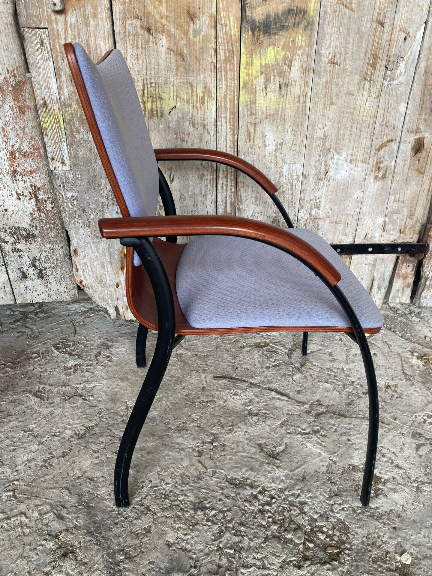 Vintage Armchair RONÉO Black Metal Legs + Dark Wood Shell + Vintage Fabric
