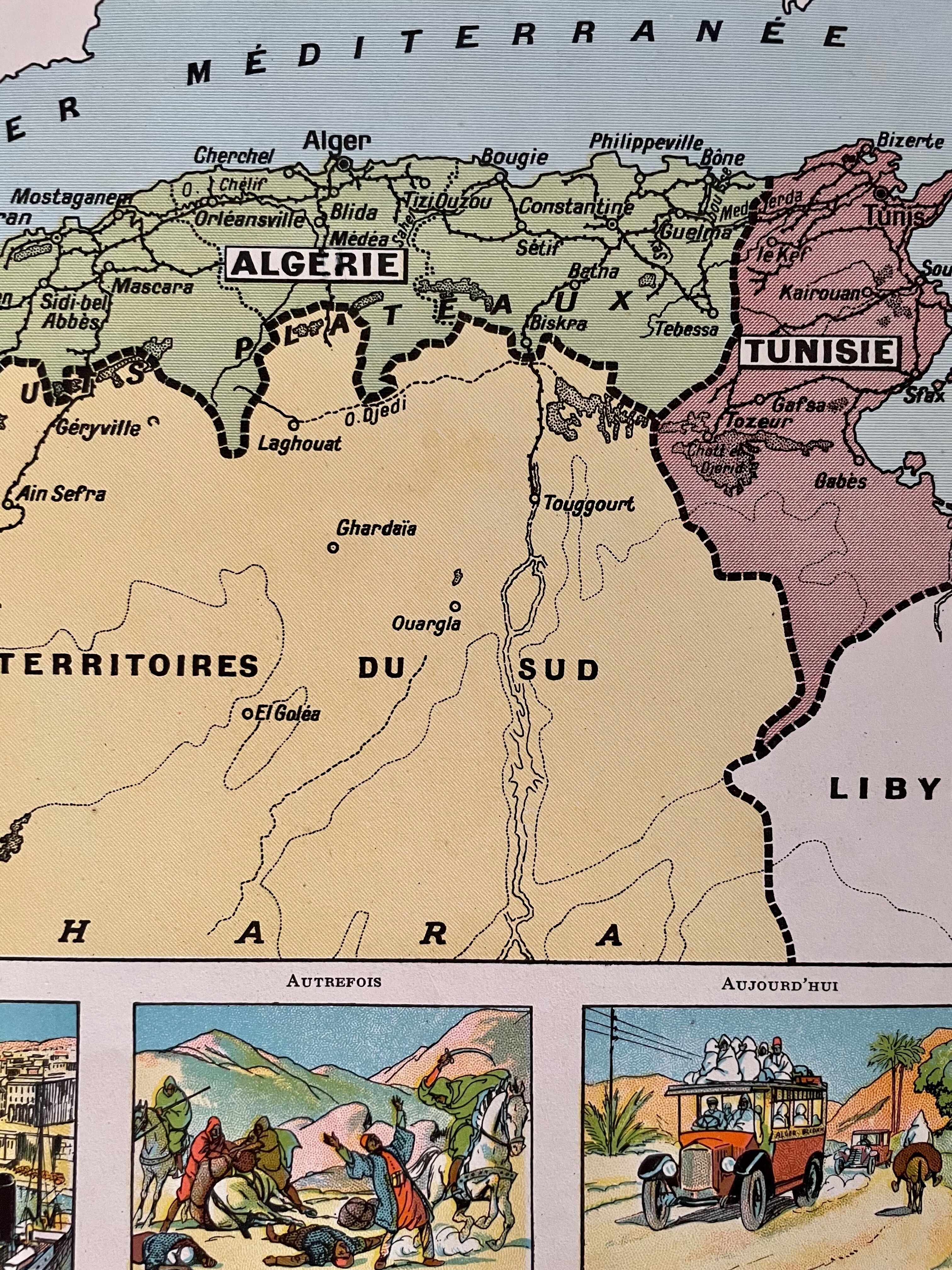 Old poster map of Algeria, Tunisia, Morocco - 1930