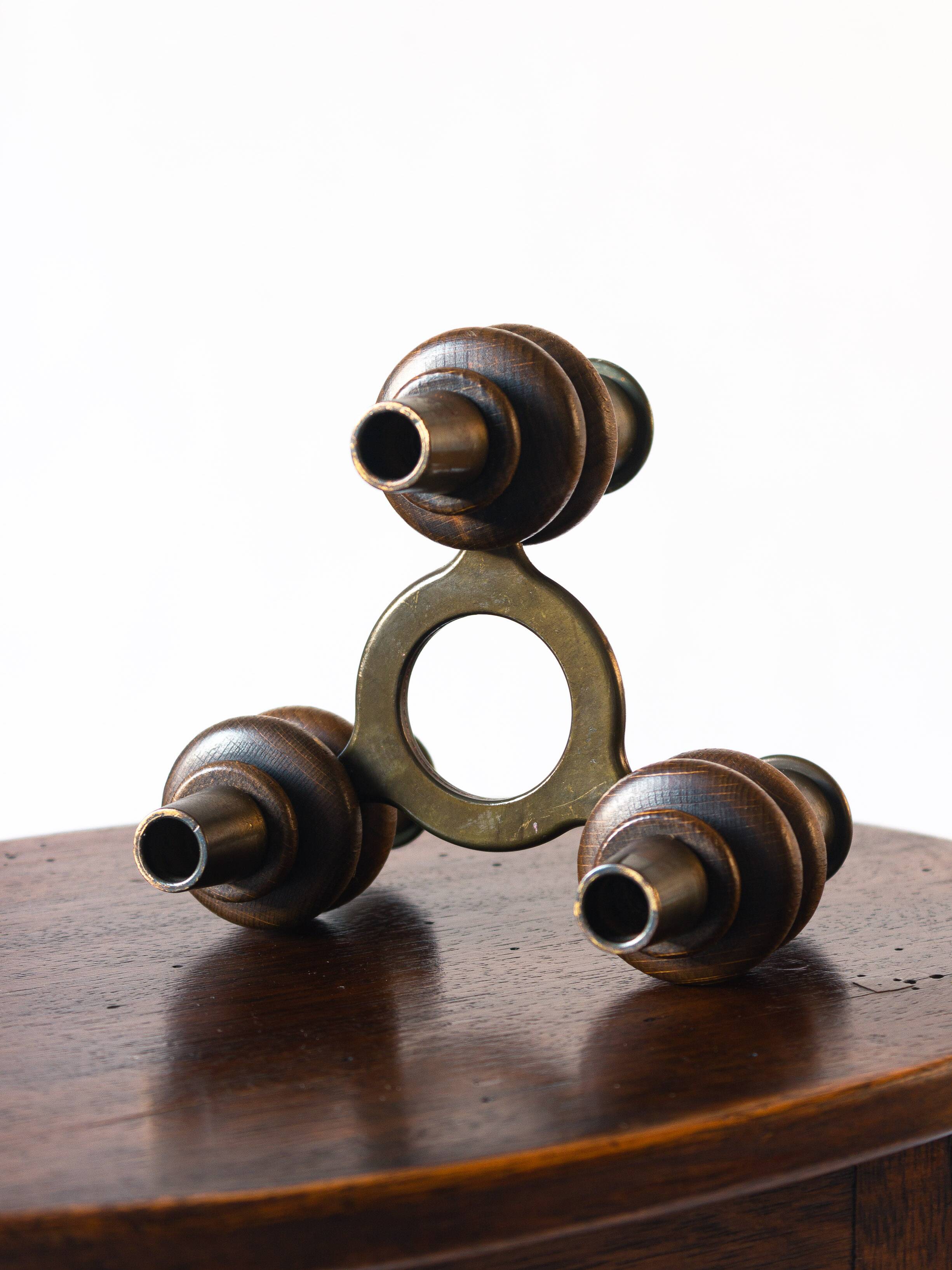 Tripod candle holder in wood and brass, Germany, 1960s/70s