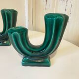 Pair of Art Deco Double Candlesticks in Emerald Green Ceramic - 1950s Vallauris Style