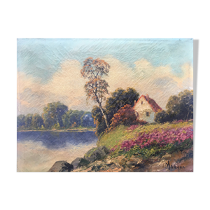 Tableau ancien La maison au bord