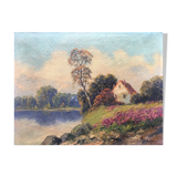 Tableau ancien "La maison au bord du lac" HST signé