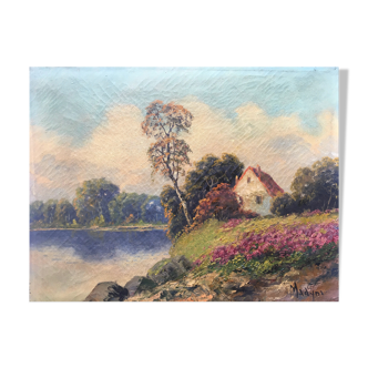 Old painting "The house by the lake" HST signed