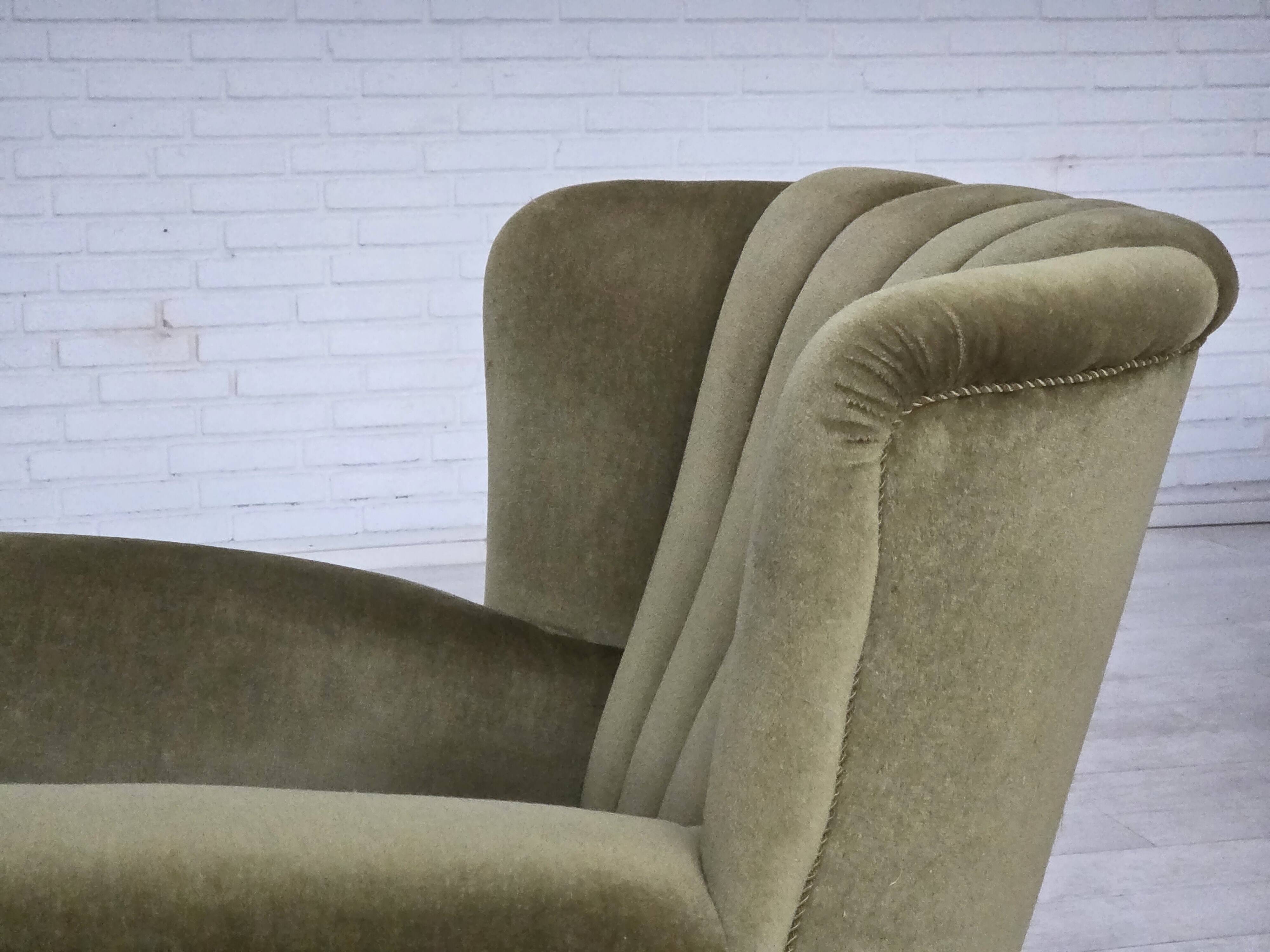 1960s, Danish relax armchair, original green furniture velour, beech wood.