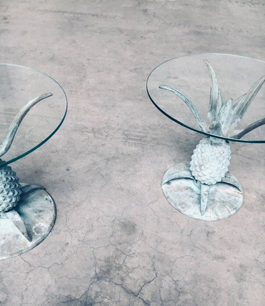 Hollywood Regency Style Brass Patinated Pineapple Side Tables, France, 1970s, Set of 2