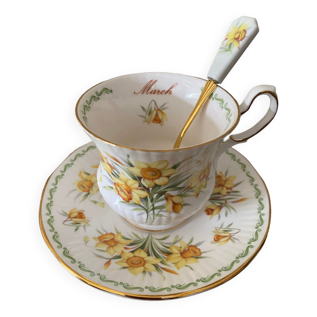 Tasse à thé Queen's Fine Bone China March Jonquilles avec sa soucoupe et sa  cuillère | Selency