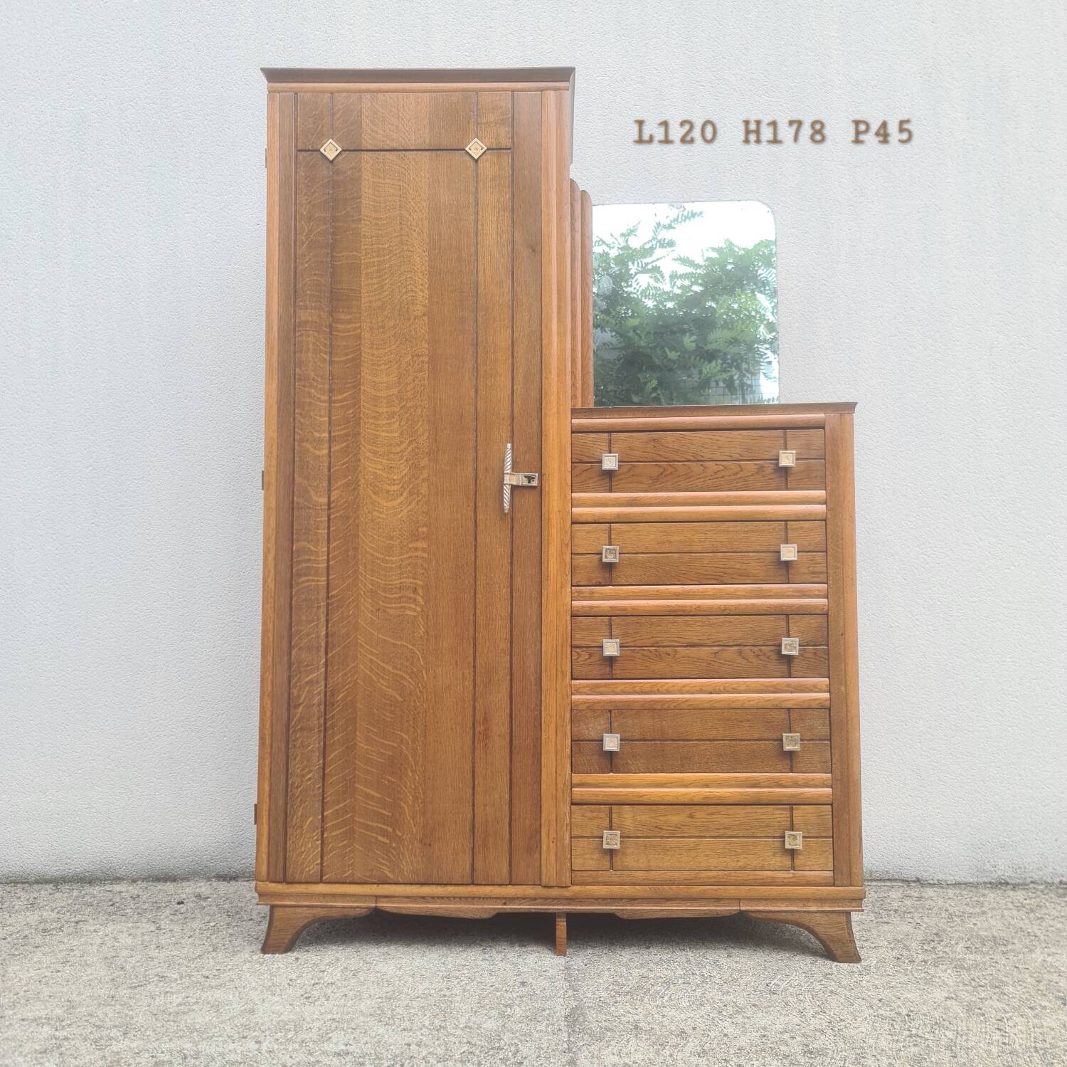 Asymmetrical storage unit Dresser wardrobe with vintage mirror 1950
