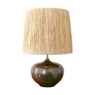 Jean Cacheleux sandstone lamp, raffia lampshade, 60s