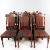 Set of six dining room chairs of oak and upholstered with striped fabric, 1920s