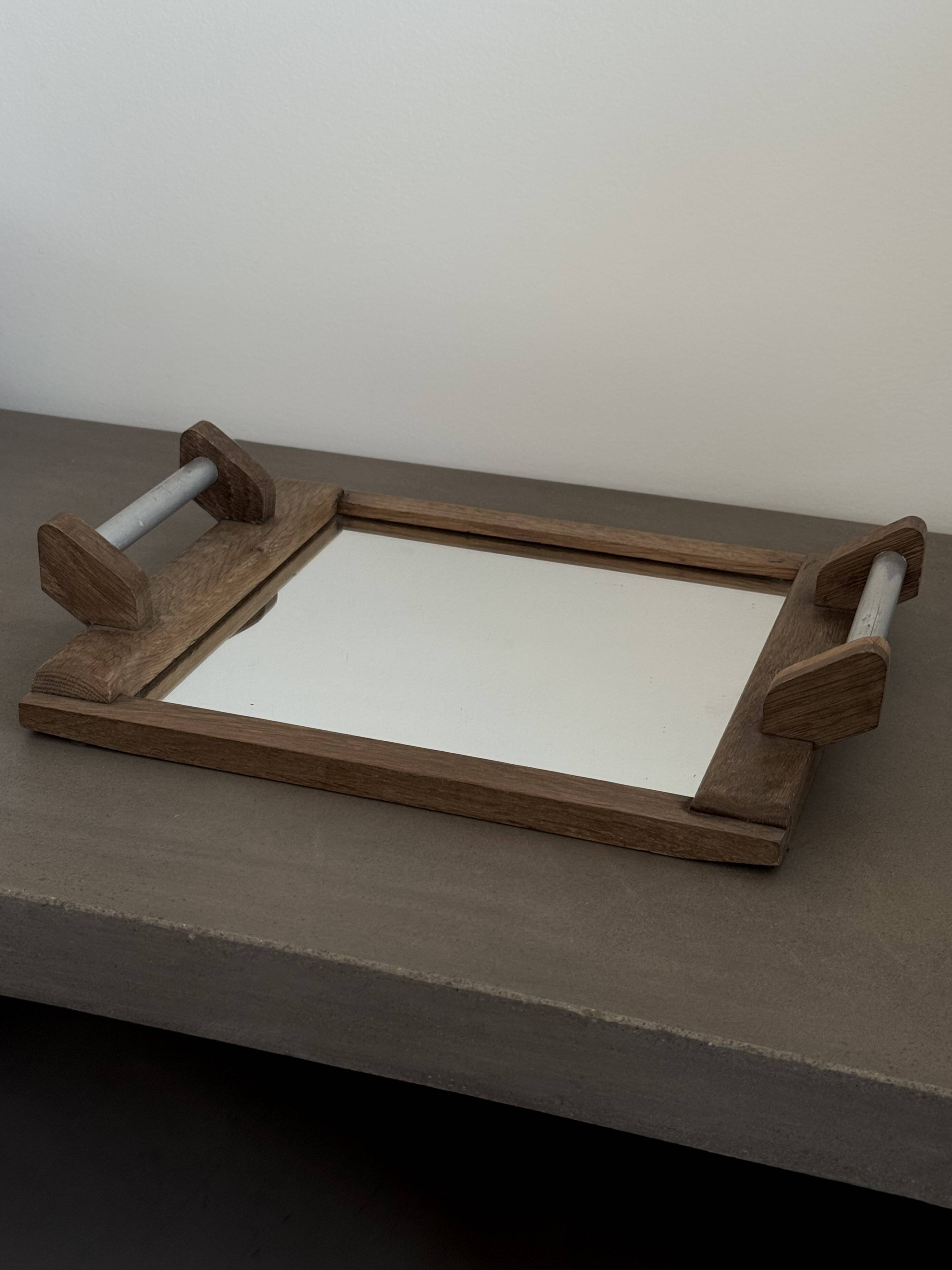 Artisanal Vintage Wooden and Metal Mirror Plateau - Brutalist Design