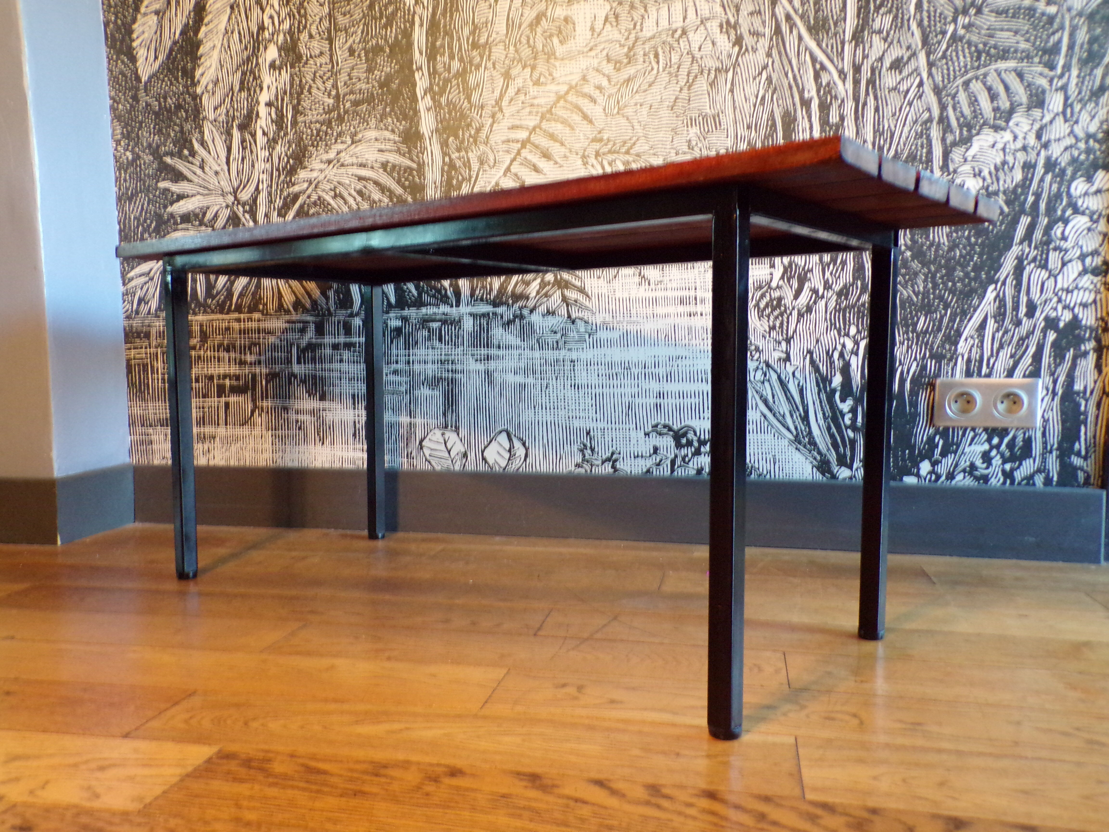 Modernist bench with teak slats