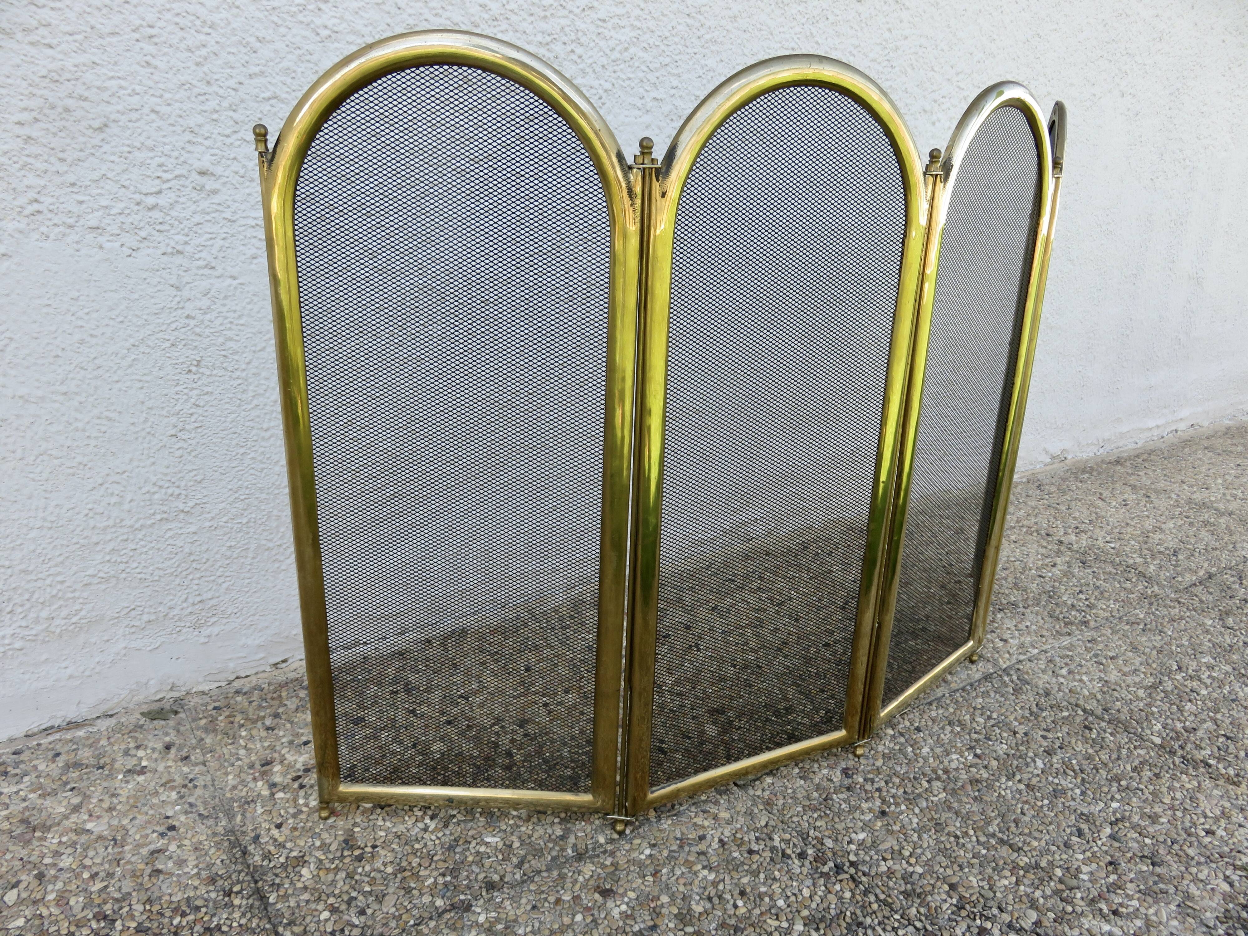 Fireplace screen, spark guard, brass, gilded, 4 panels, 1950.