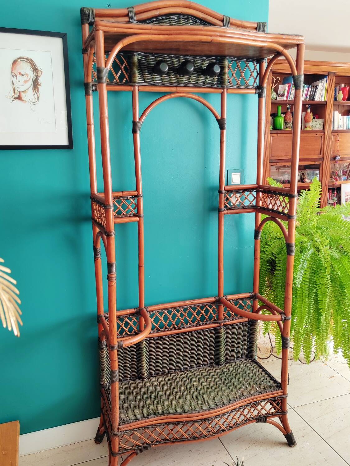 Antique rattan and bamboo coat rack